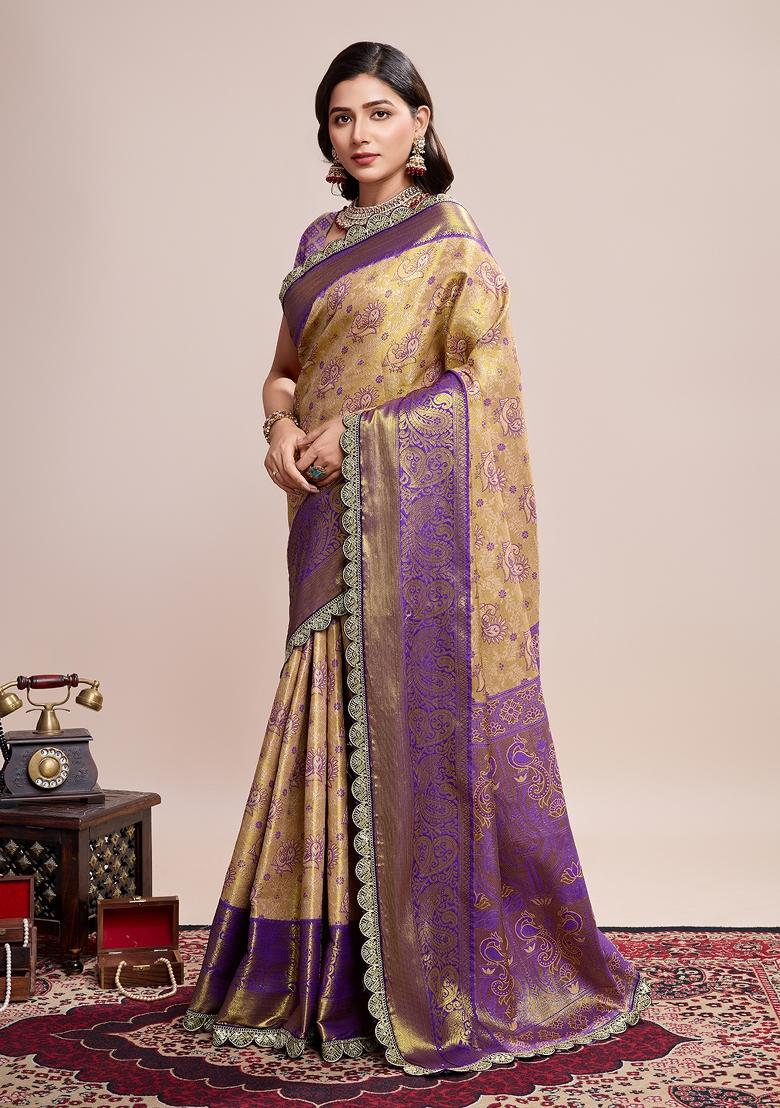 Beige South Silk Silk Blend Saree Set