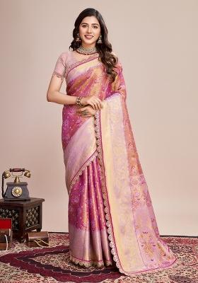 Pink South Silk Silk Blend Saree Set