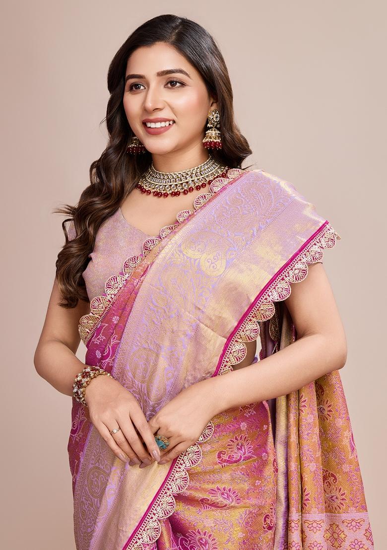 Pink South Silk Silk Blend Saree Set