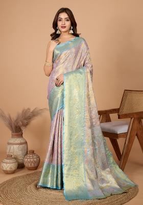 Lavender South Silk Silk Blend Saree Set