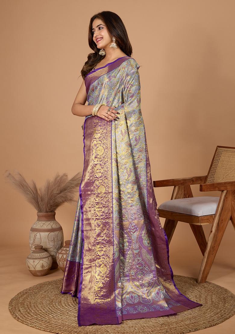 Blue South Silk Silk Blend Saree Set