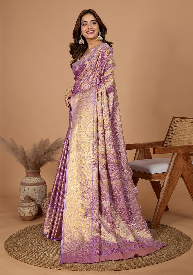 Purple South Silk Silk Blend Saree Set