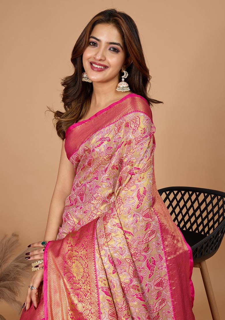 Pink South Silk Silk Blend Saree Set