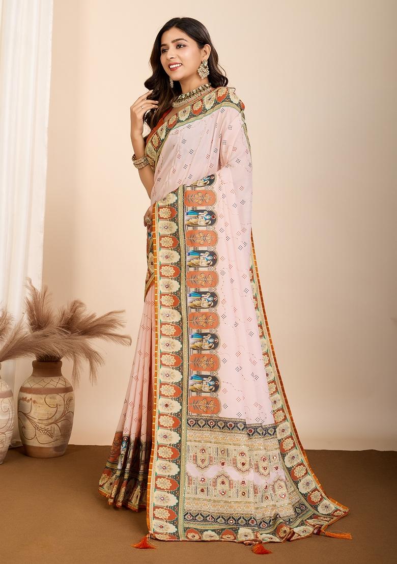 Peach Abstract Print Blended Cotton Saree Set