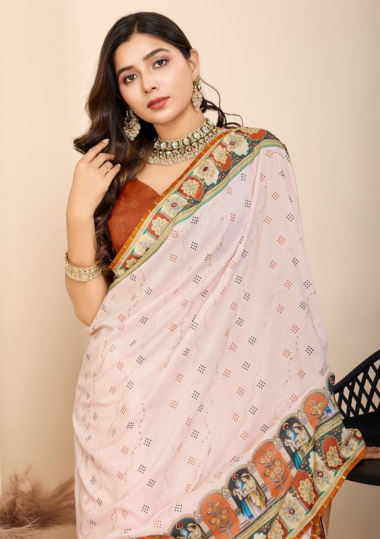 Peach Abstract Print Blended Cotton Saree Set