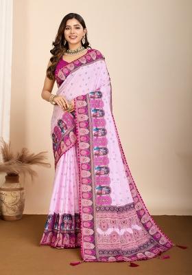 Pink Abstract Print Blended Cotton Saree Set