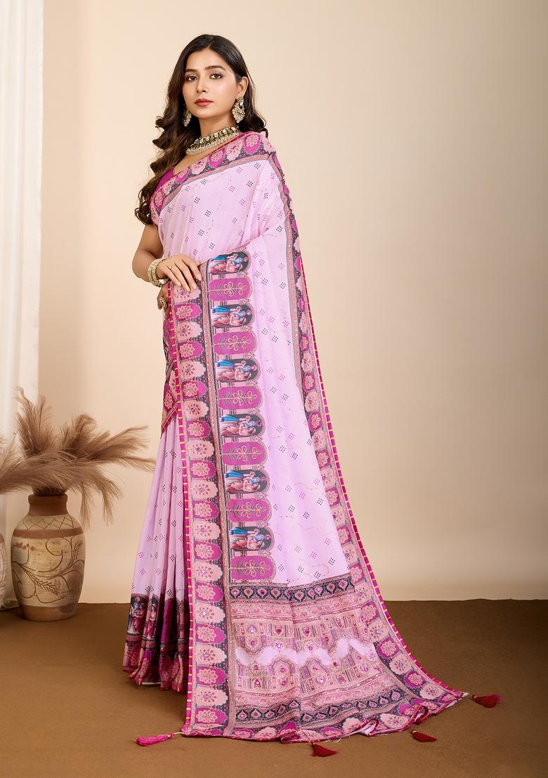 Pink Abstract Print Blended Cotton Saree Set