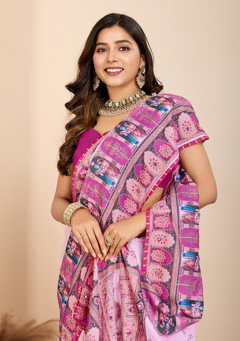 Pink Abstract Print Blended Cotton Saree Set