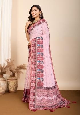 Light Rose Pink Abstract Print Blended Cotton Saree Set