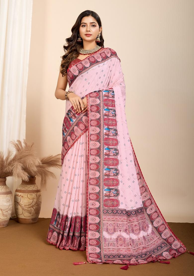 Light Rose Pink Abstract Print Blended Cotton Saree Set