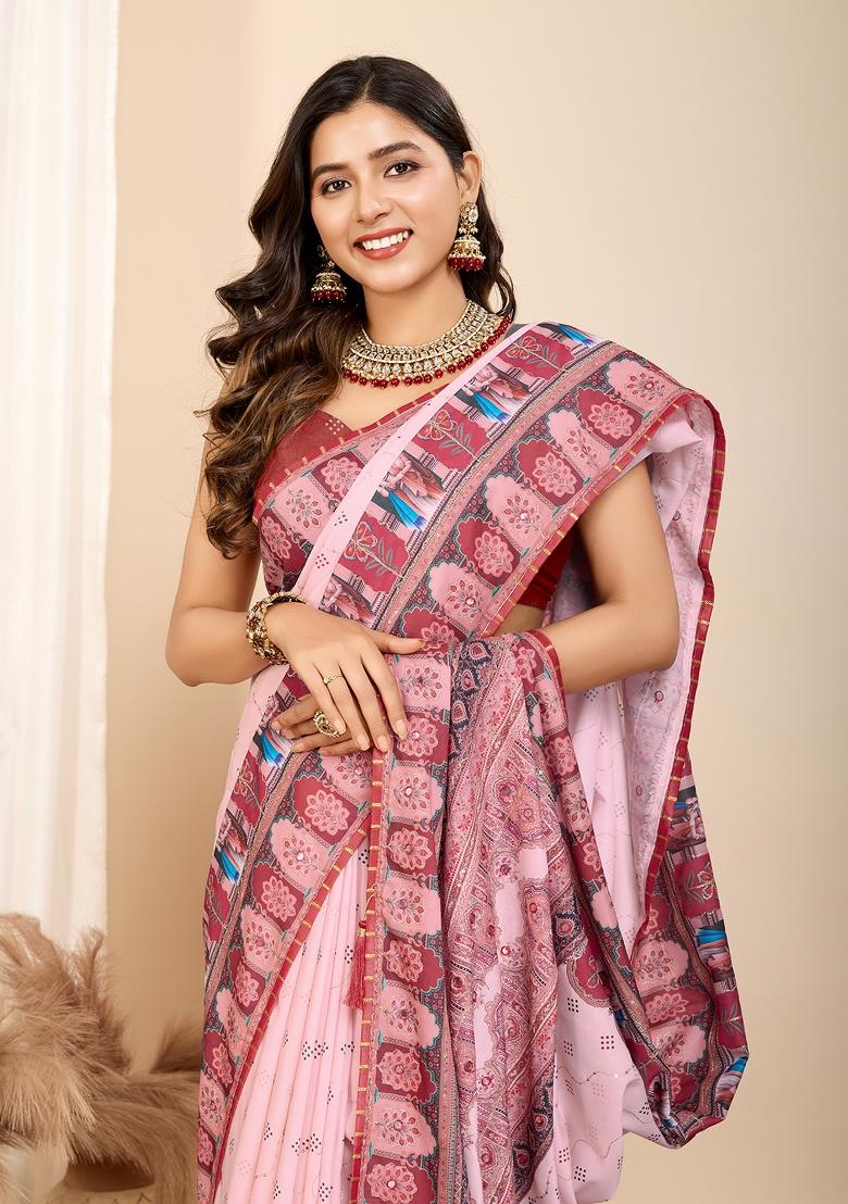Light Rose Pink Abstract Print Blended Cotton Saree Set