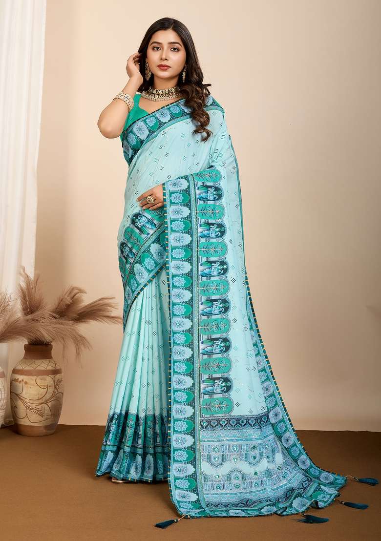Turquoise Blue Abstract Print Blended Cotton Saree Set - Indya