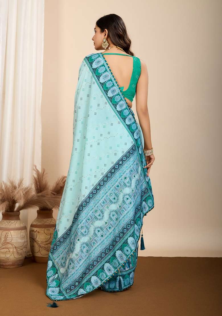 Turquoise Blue Abstract Print Blended Cotton Saree Set - Indya