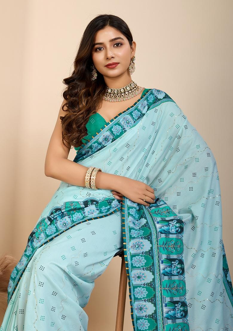 Turquoise Blue Abstract Print Blended Cotton Saree Set
