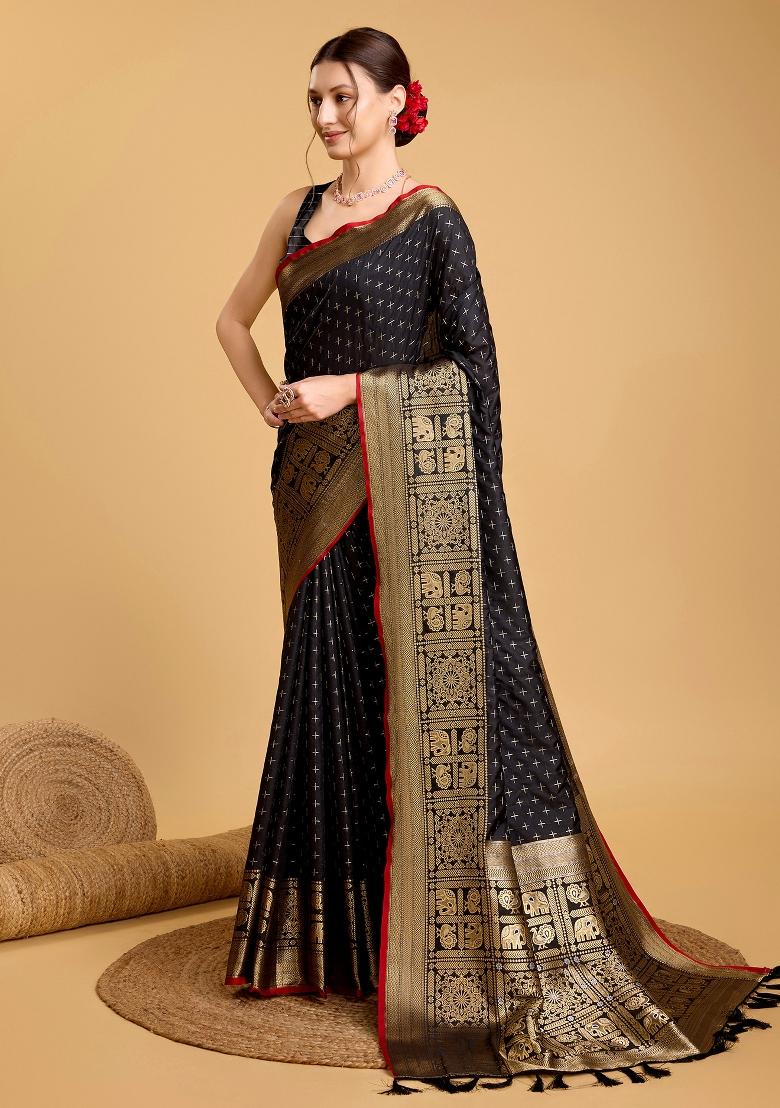 Black Banarasi Silk Silk Blend Saree Set