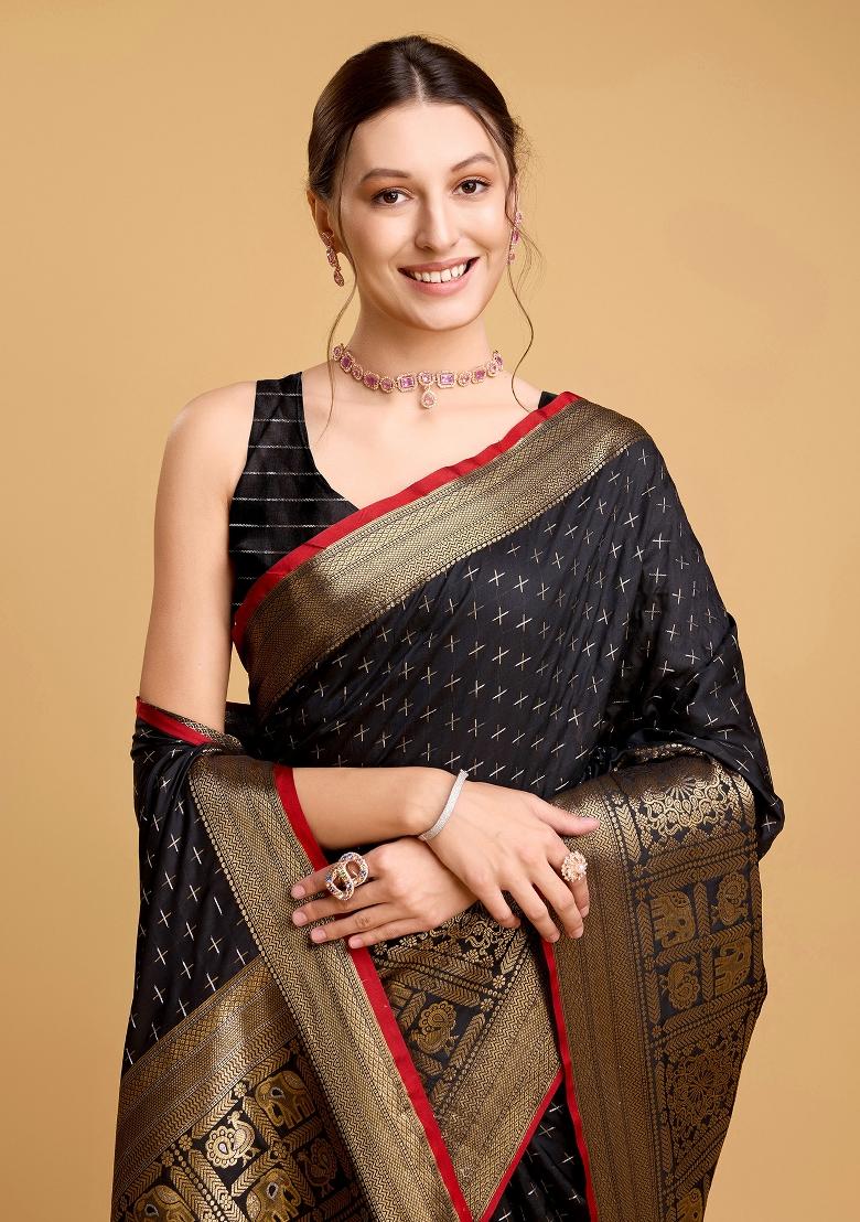 Black Banarasi Silk Silk Blend Saree Set