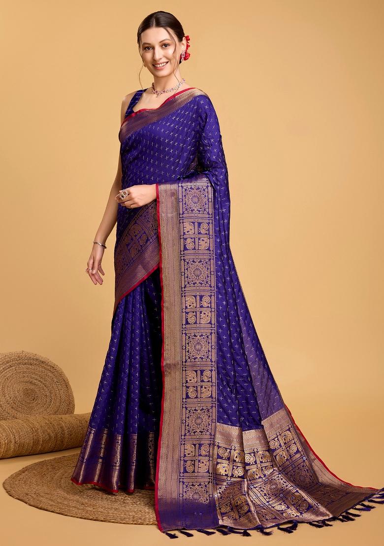 Blue Banarasi Silk Silk Blend Saree Set