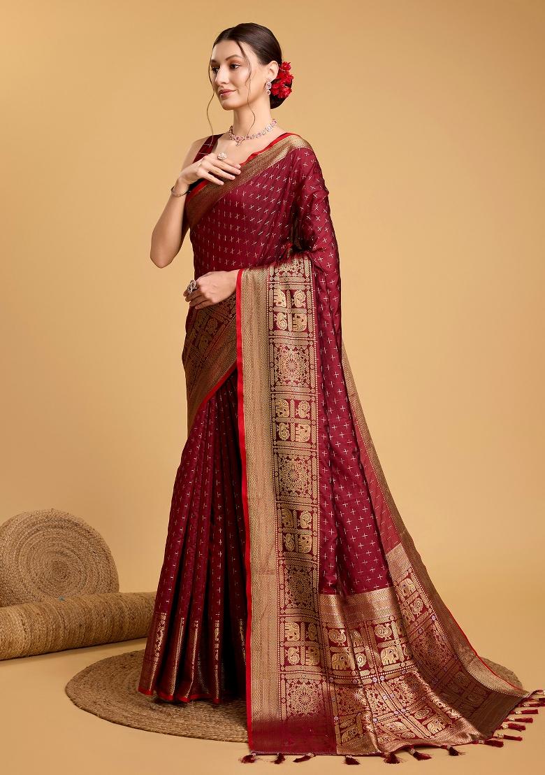 Maroon Banarasi Silk Silk Blend Saree Set