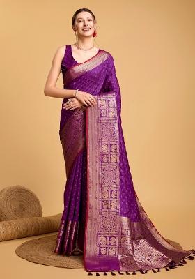 Purple Banarasi Silk Silk Blend Saree Set