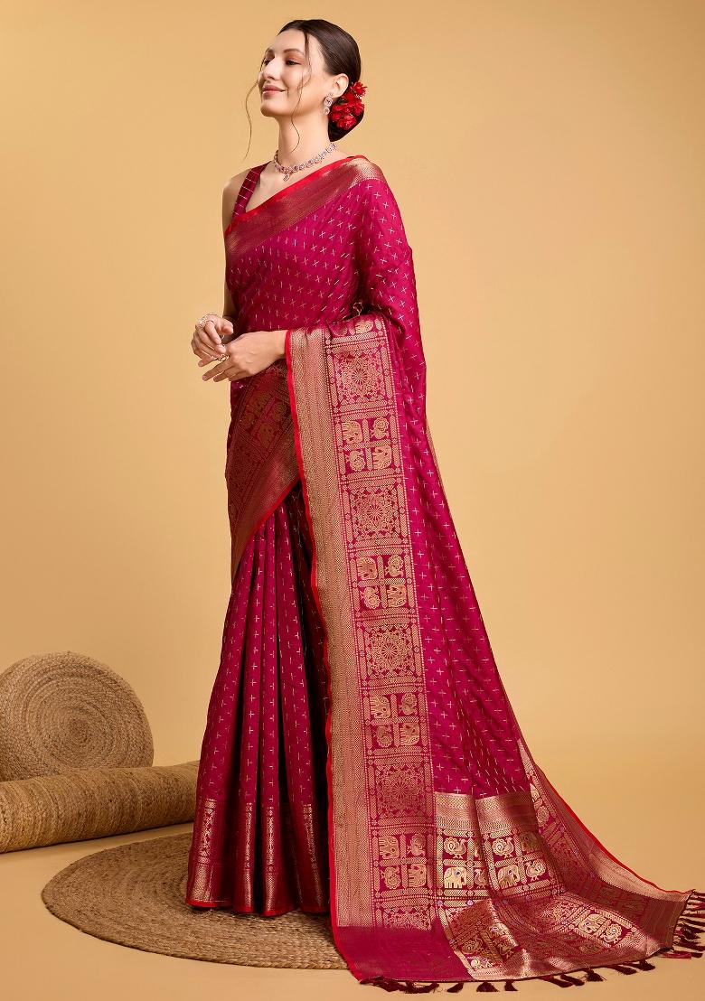 Red Banarasi Silk Silk Blend Saree Set