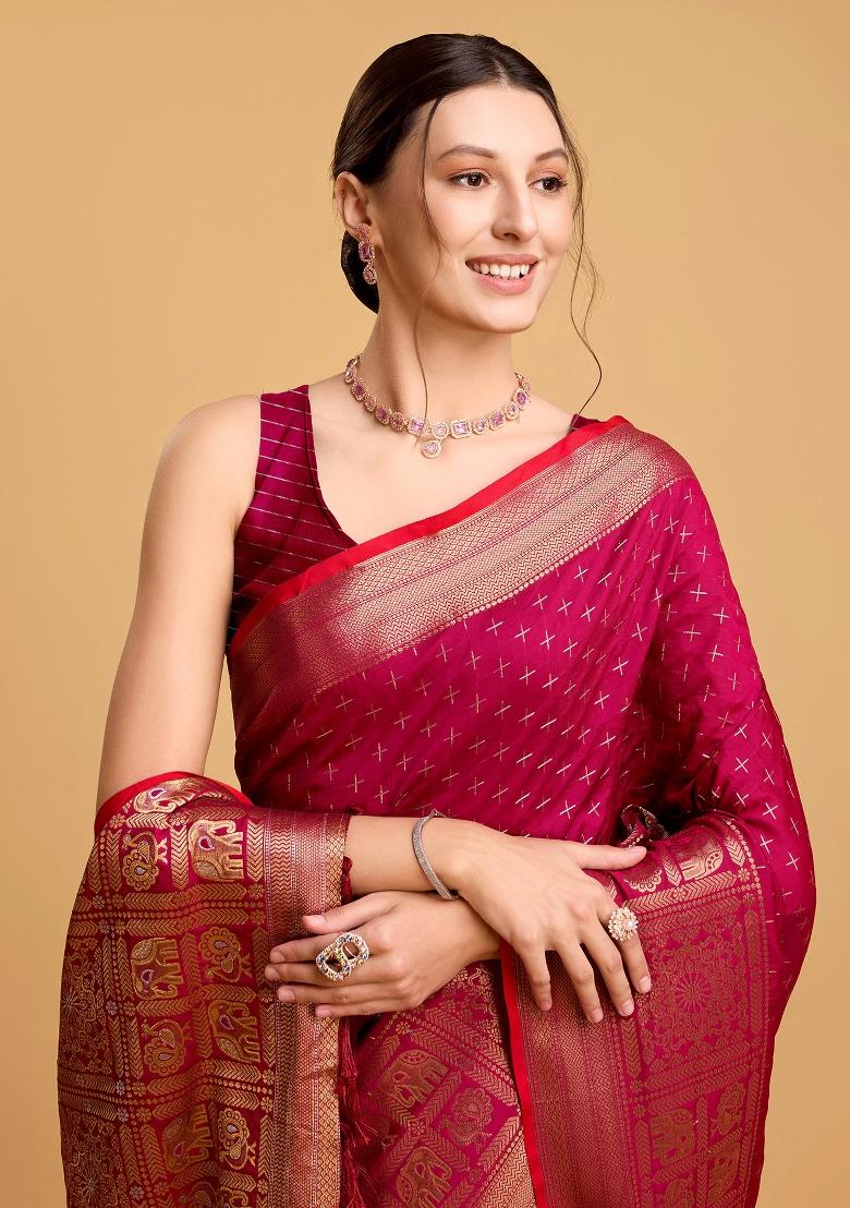 Red Banarasi Silk Silk Blend Saree Set