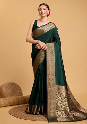 Green Banarasi Silk Silk Blend Saree Set