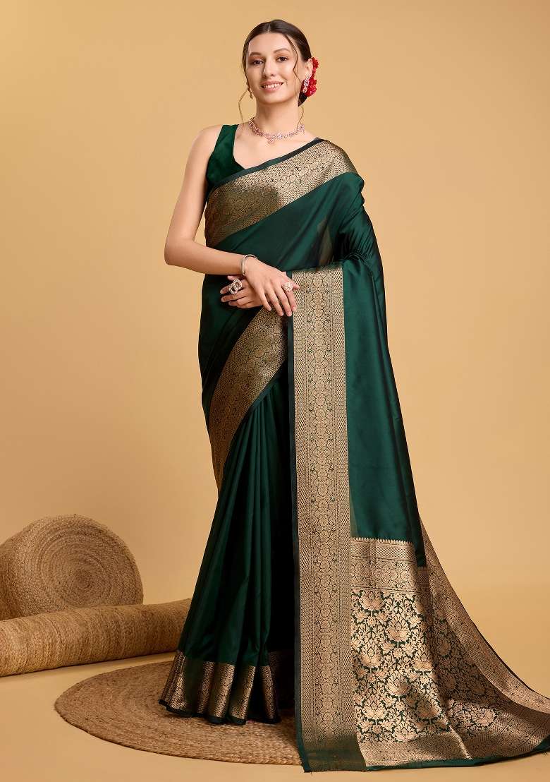 Green Banarasi Silk Silk Blend Saree Set - Indya