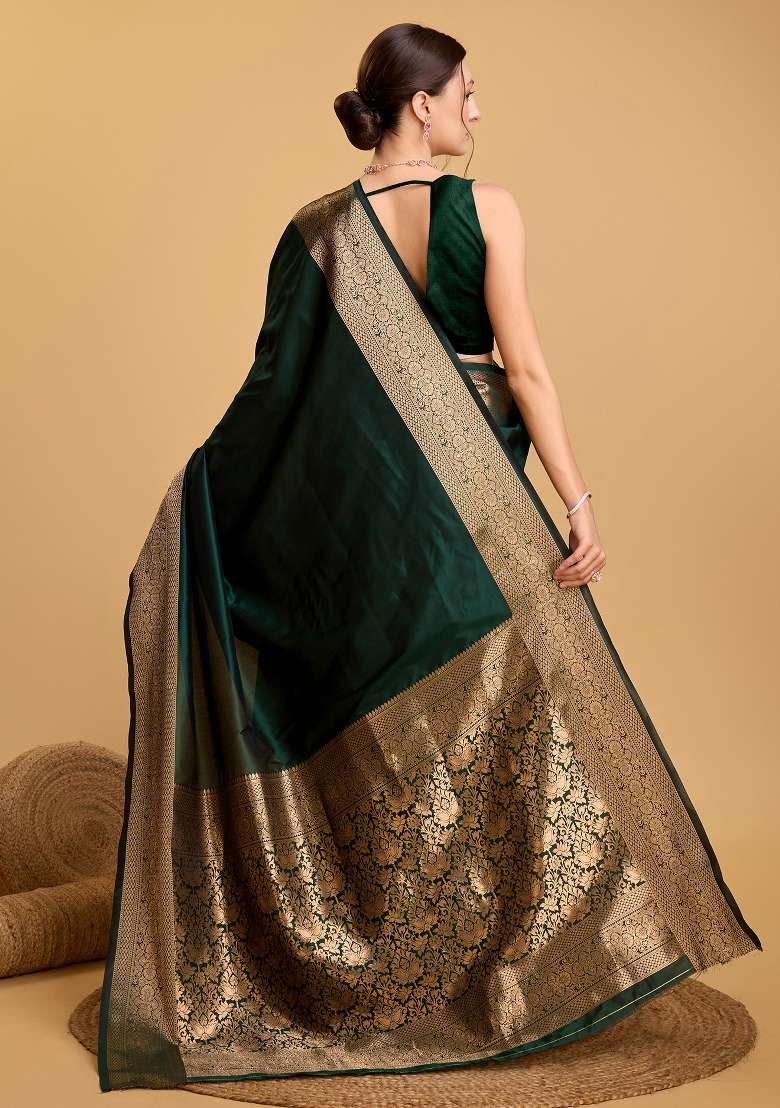 Green Banarasi Silk Silk Blend Saree Set - Indya