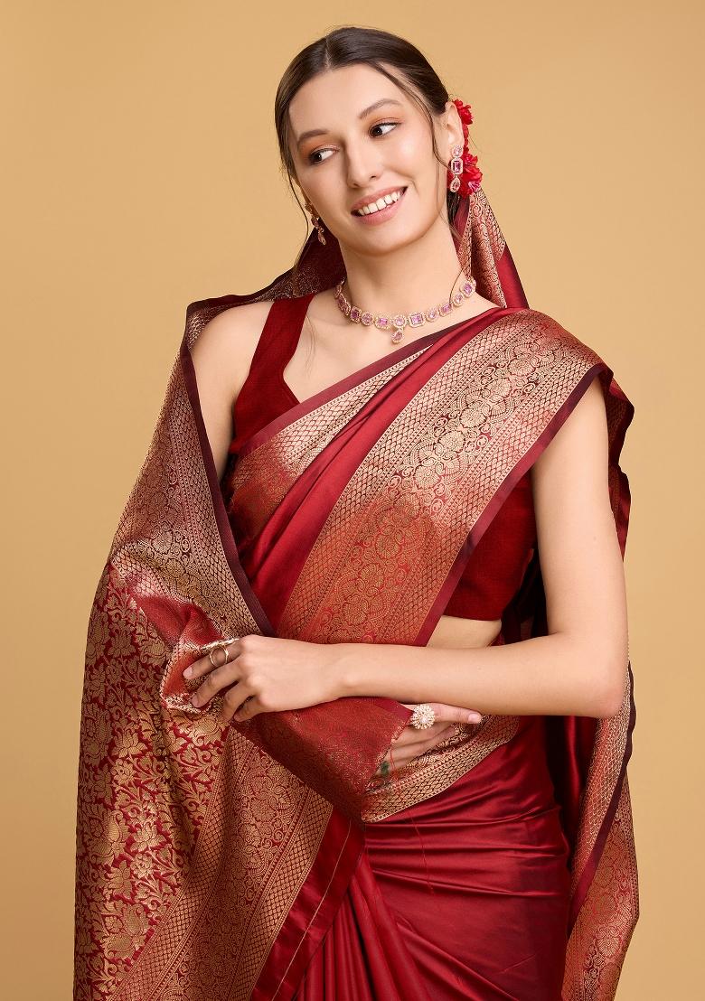 Red Banarasi Silk Silk Blend Saree Set
