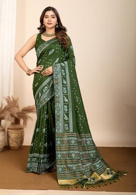 Green Brocade Silk Silk Blend Saree Set