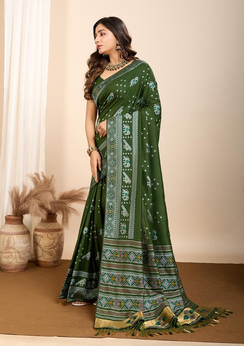 Green Brocade Silk Silk Blend Saree Set