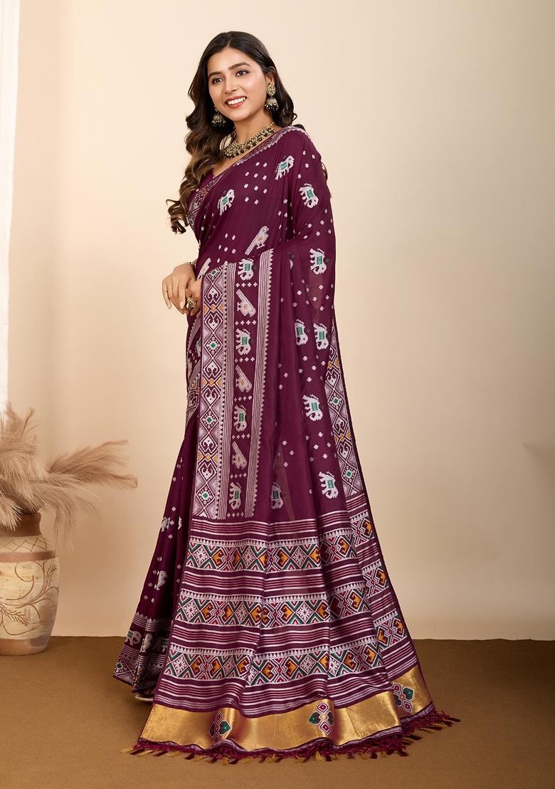 Magenta Brocade Silk Silk Blend Saree Set