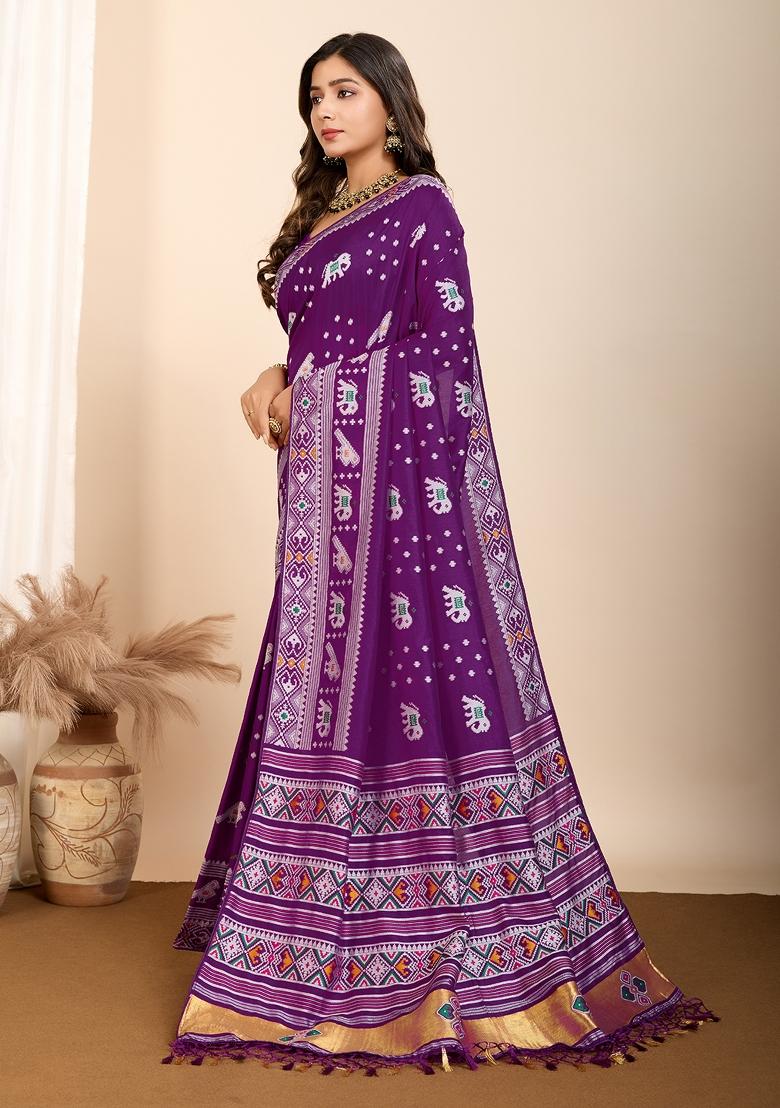 Purple Brocade Silk Silk Blend Saree Set