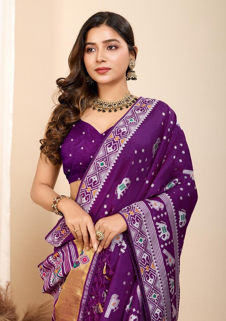 Purple Brocade Silk Silk Blend Saree Set
