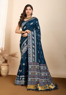 Teal Blue Brocade Silk Silk Blend Saree Set