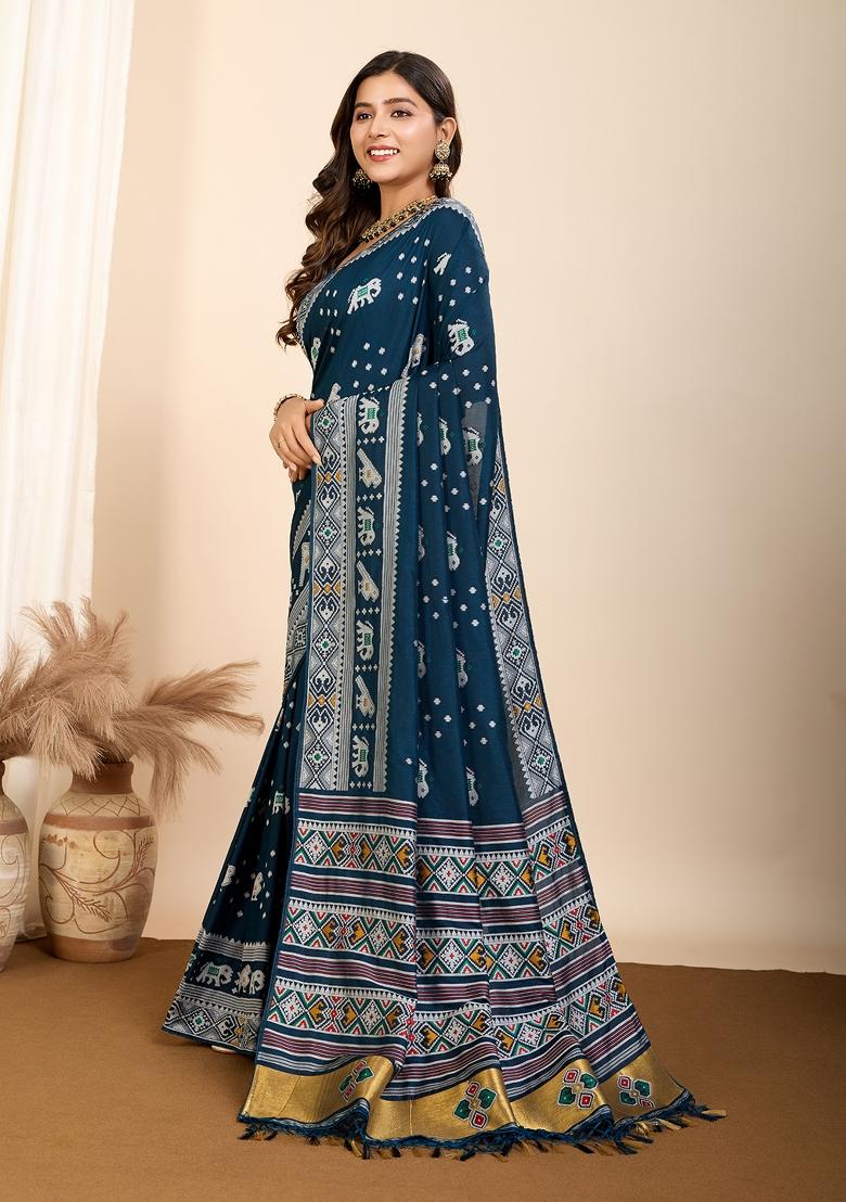 Teal Blue Brocade Silk Silk Blend Saree Set