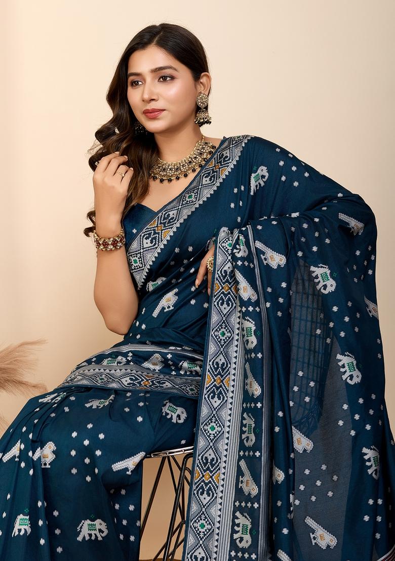 Teal Blue Brocade Silk Silk Blend Saree Set