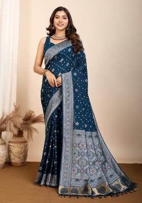 Blue Brocade Silk Silk Blend Saree Set