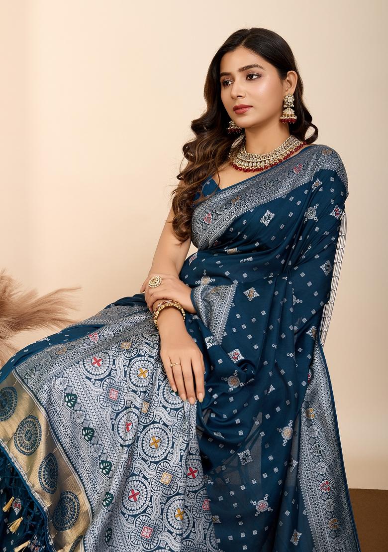 Blue Brocade Silk Silk Blend Saree Set