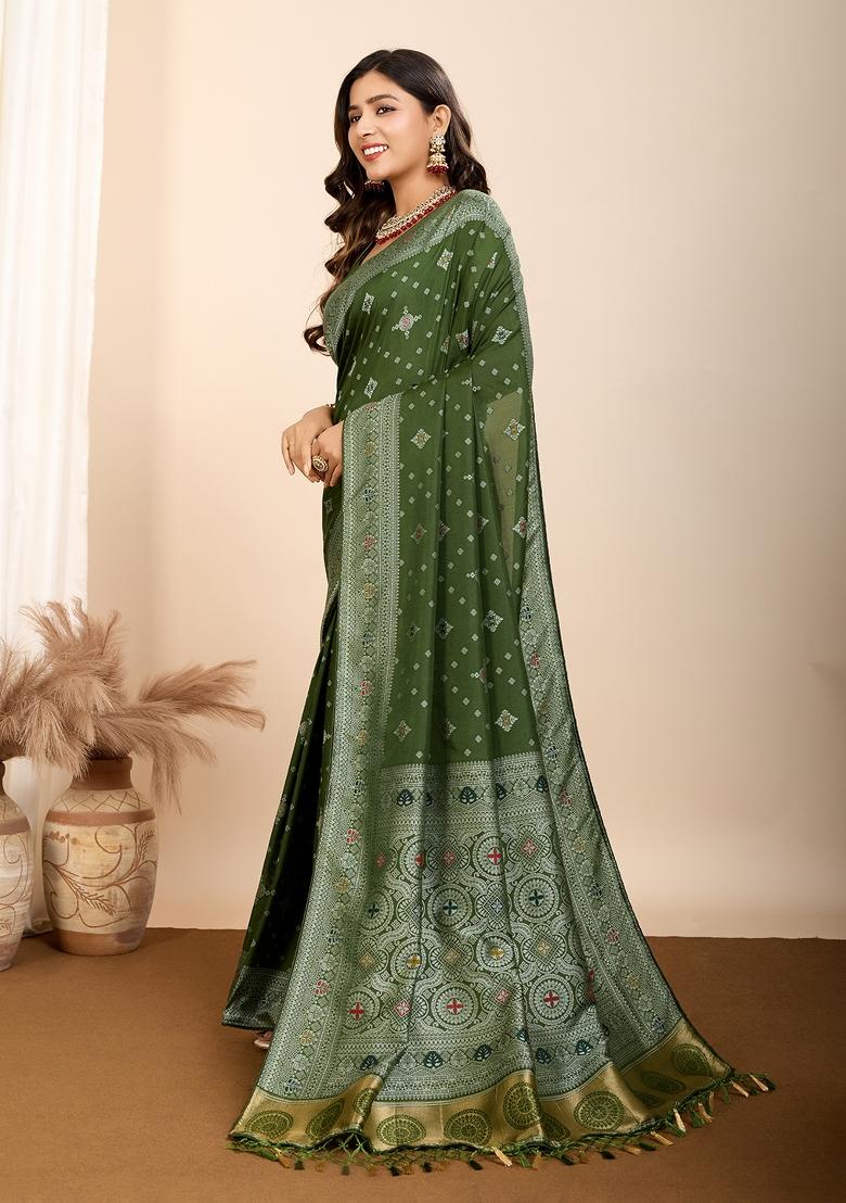 Green Brocade Silk Silk Blend Saree Set