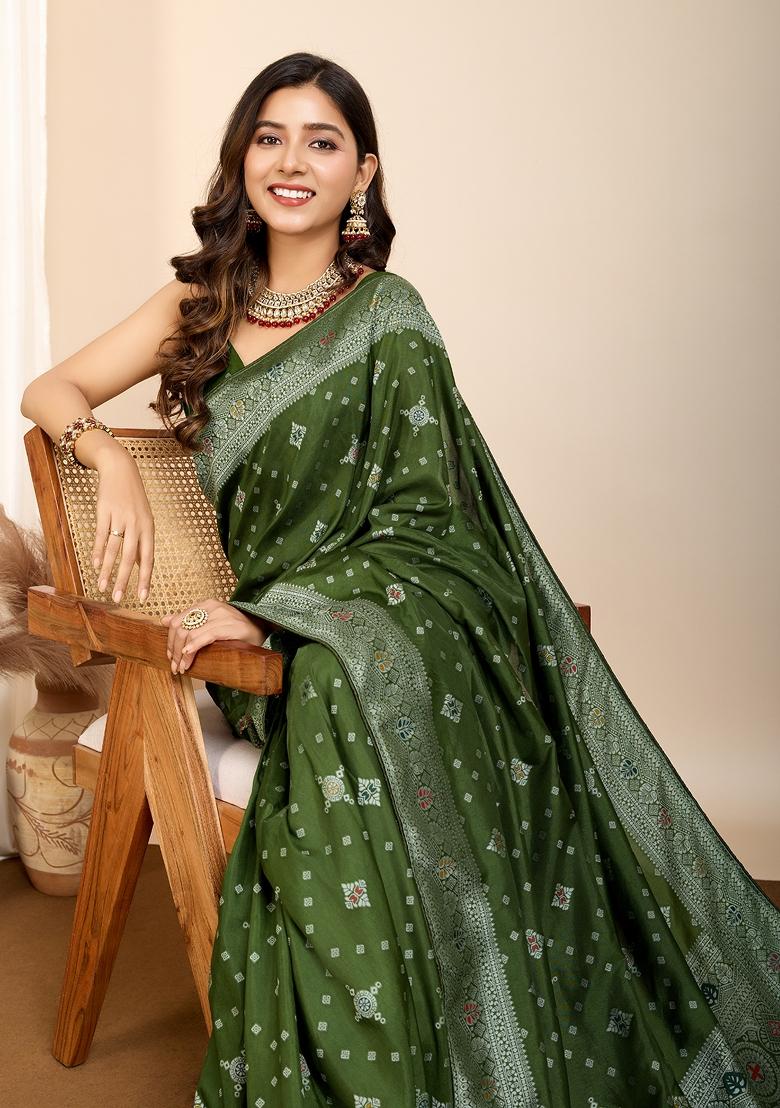 Green Brocade Silk Silk Blend Saree Set