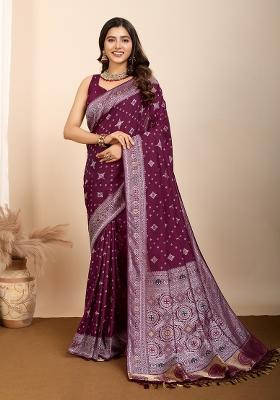Magenta Brocade Silk Silk Blend Saree Set