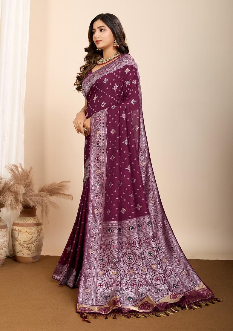 Magenta Brocade Silk Silk Blend Saree Set