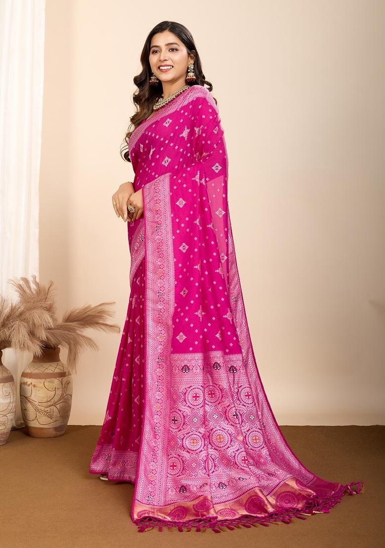 Pink Brocade Silk Silk Blend Saree Set
