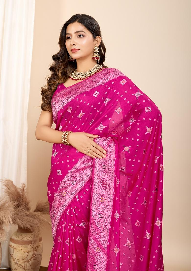 Pink Brocade Silk Silk Blend Saree Set