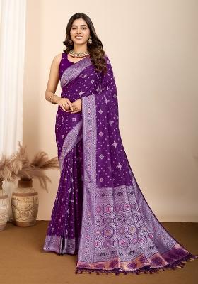 Purple Brocade Silk Silk Blend Saree Set