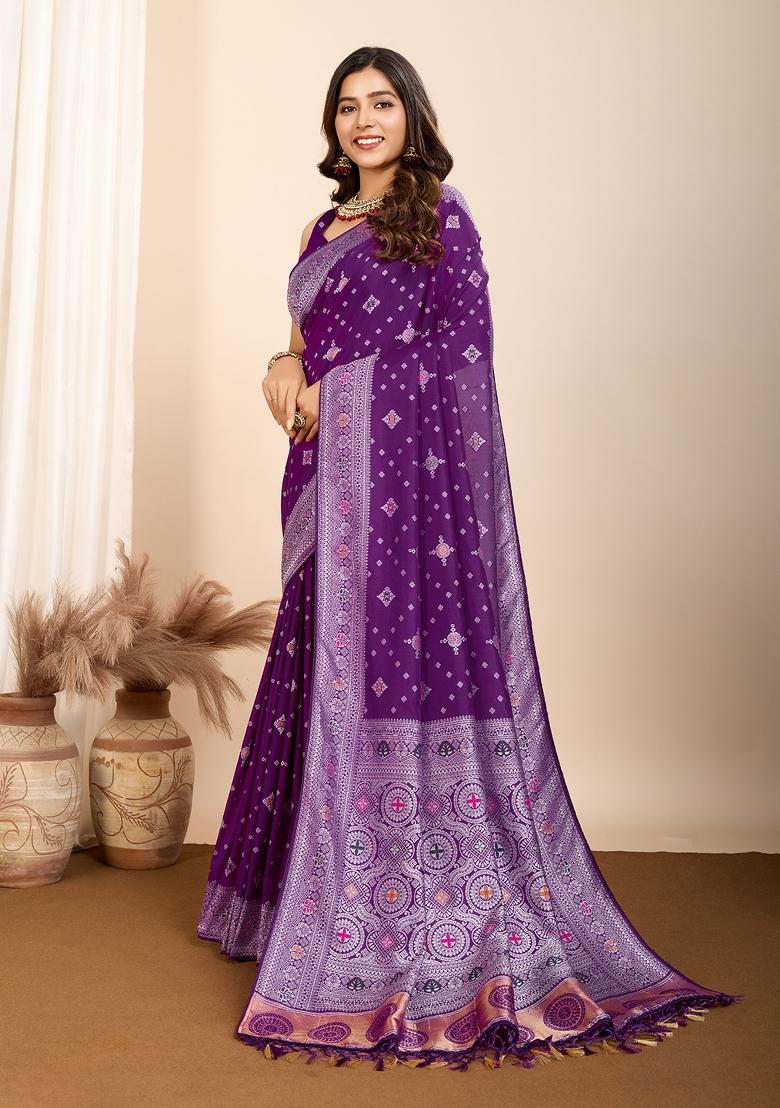 Purple Brocade Silk Silk Blend Saree Set