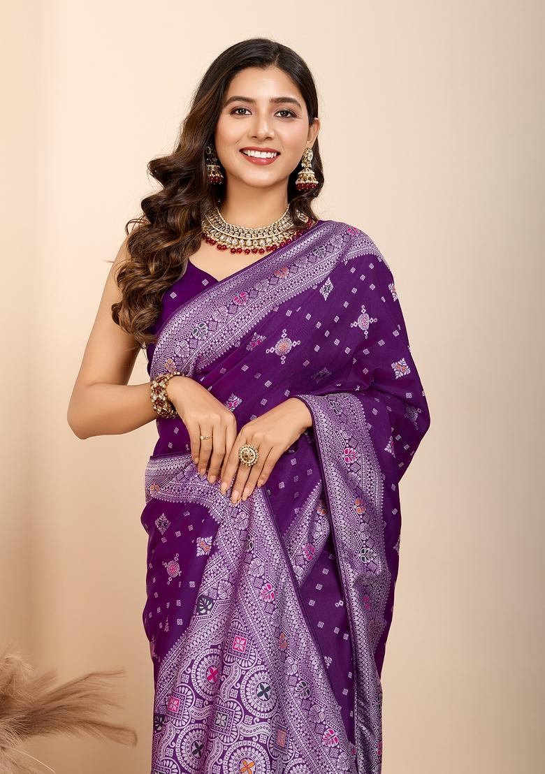 Purple Brocade Silk Silk Blend Saree Set