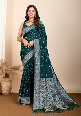 Teal Blue Brocade Silk Silk Blend Saree Set