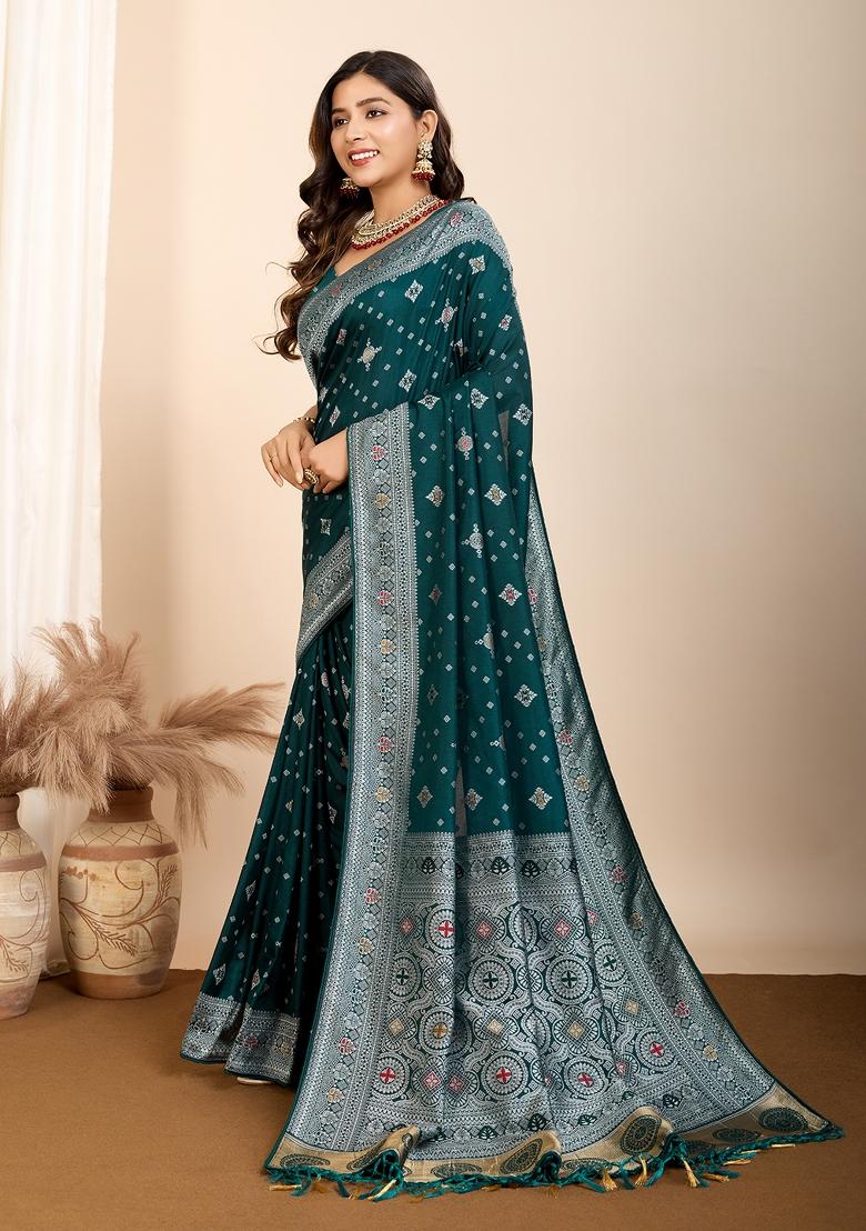 Teal Blue Brocade Silk Silk Blend Saree Set
